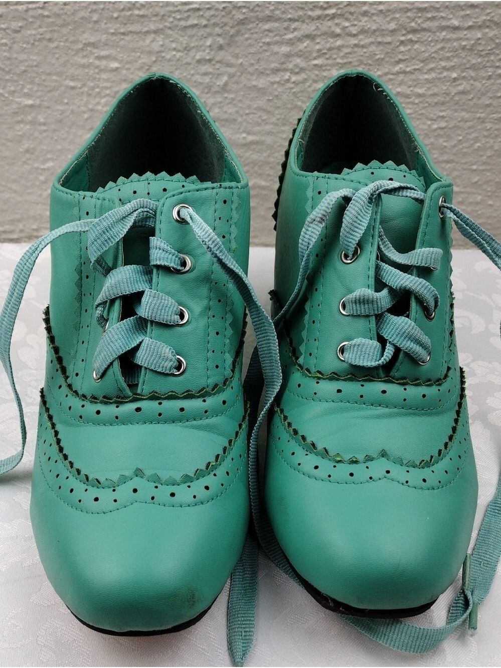 Machi Coca-01 Teal Leather Lace Up Scalloped Upper Heeled 1930 Style Oxford Shoe - Picture 12 of 16